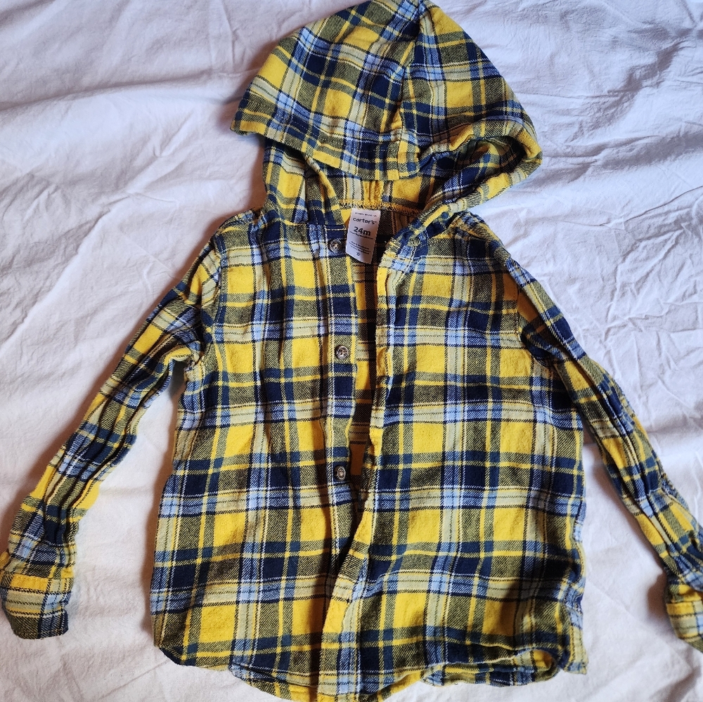 Carter's Yellow and Blue Plaid Button Down Hoodie Shirt
